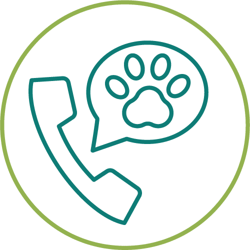 dark green drawing of a phone with a paw print in a light green circle