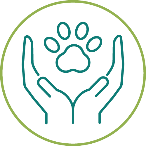dark green drawing of hands holding a paw in a light green circle